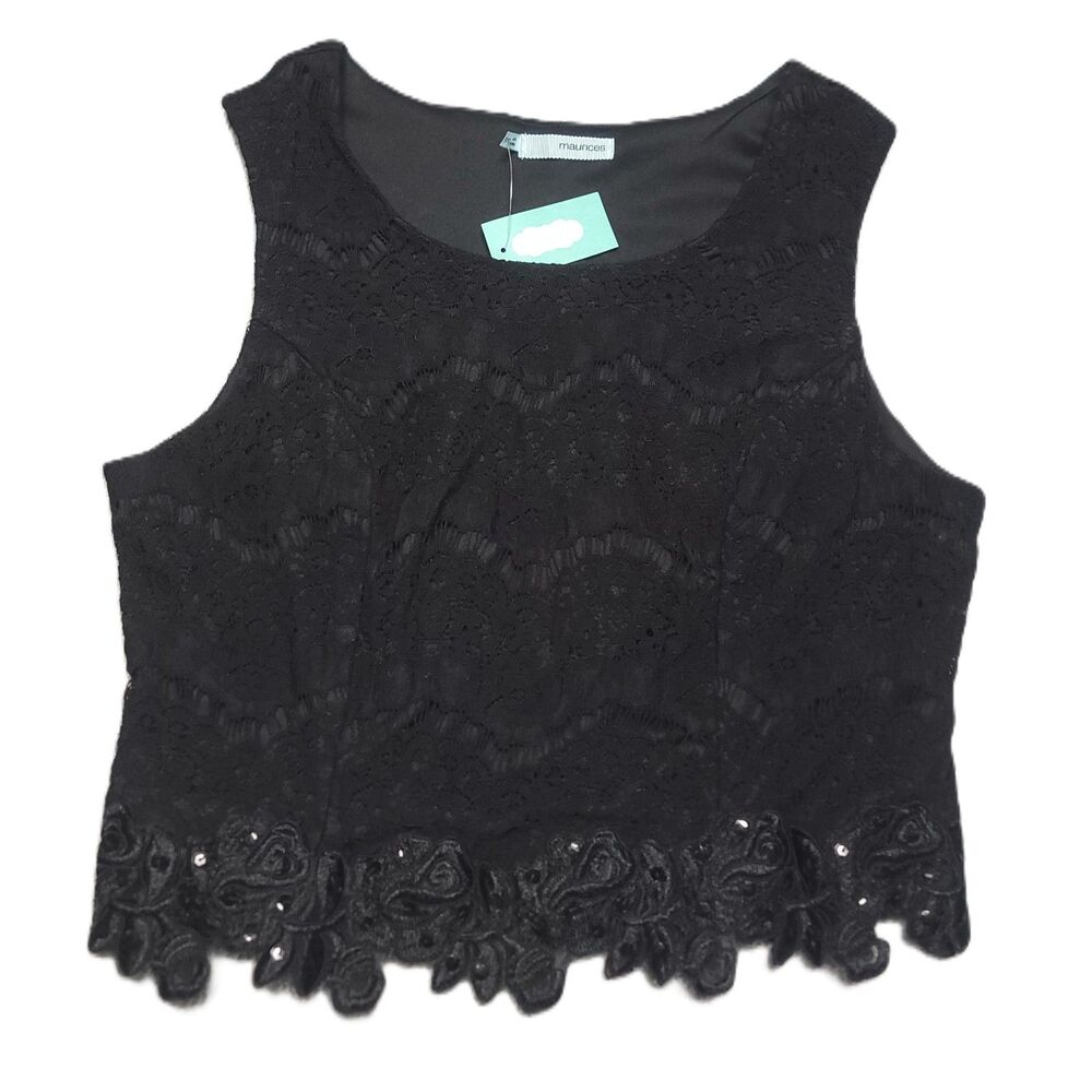Maurices Sleeveless Lace Crop Top Juniors Size 11/12 Black Floral Sequins Tank